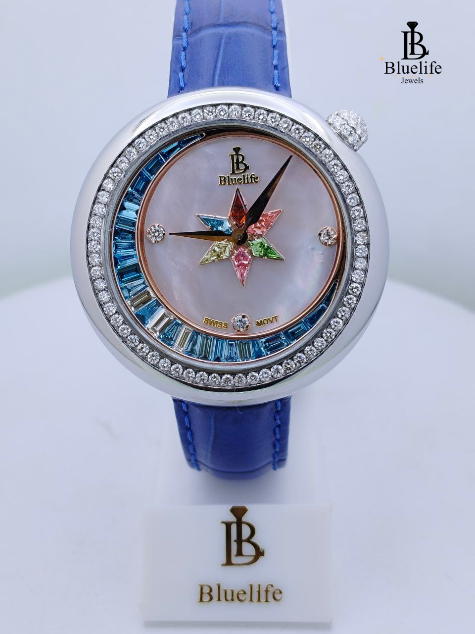 Crescent Moon Lab Grown Diamond Watch β Swiss Made Unisex Luxury Watch with Mother of Pearl Dial | Celestial Faith Timepiece | BlueLife Jewels