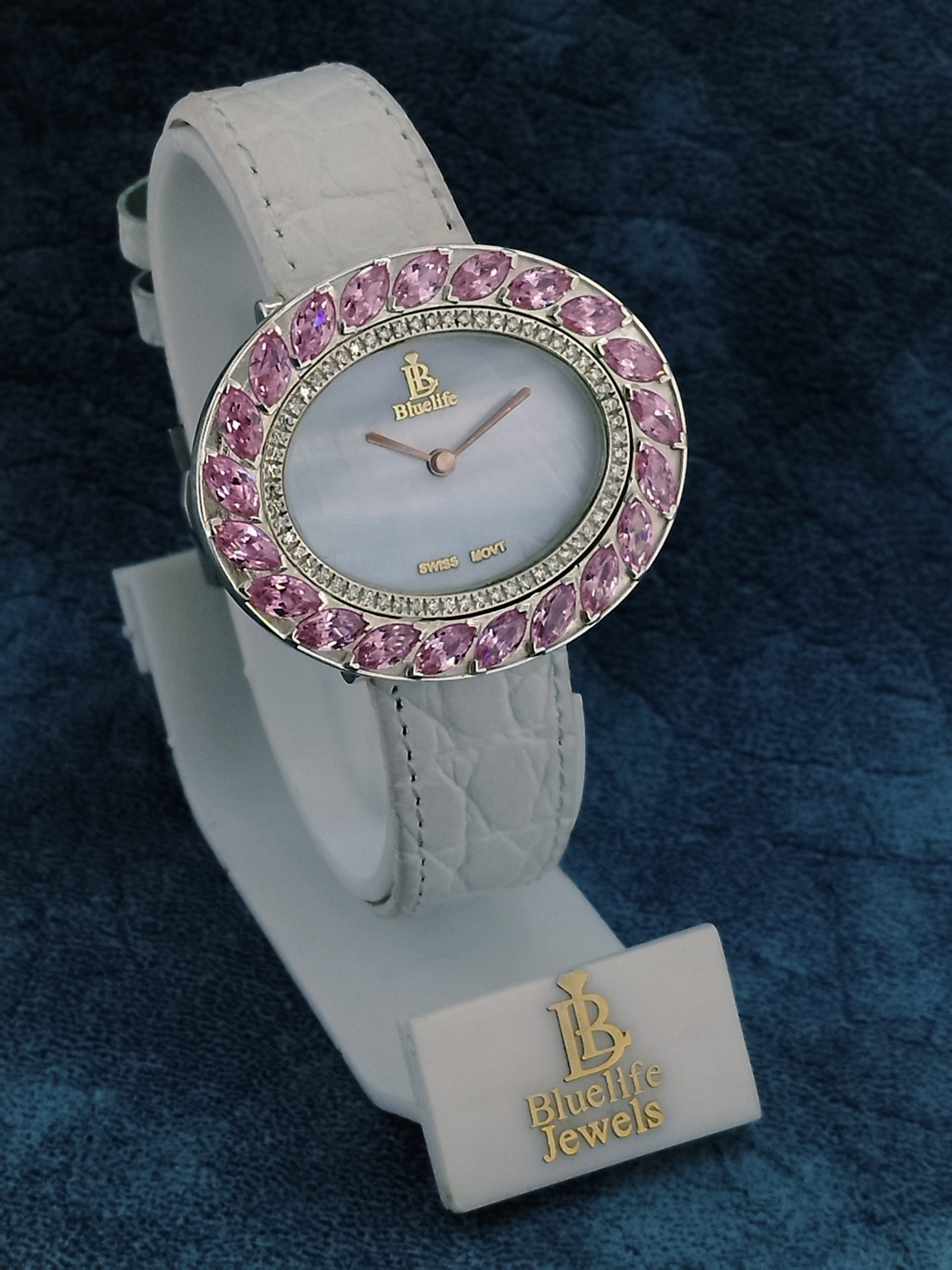 moissanite watch women luxury pink stone pearl dial