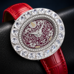 Women's luxury lab grown diamond watch featuring a red floral dial, sparkling pear and round brilliant diamonds, 925 sterling silver, sapphire crystal, Swiss quartz movement, elegant iced out designer watch, perfect gift for women.