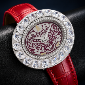 Women's luxury lab grown diamond watch featuring a red floral dial, sparkling pear and round brilliant diamonds, 925 sterling silver, sapphire crystal, Swiss quartz movement, elegant iced out designer watch, perfect gift for women.