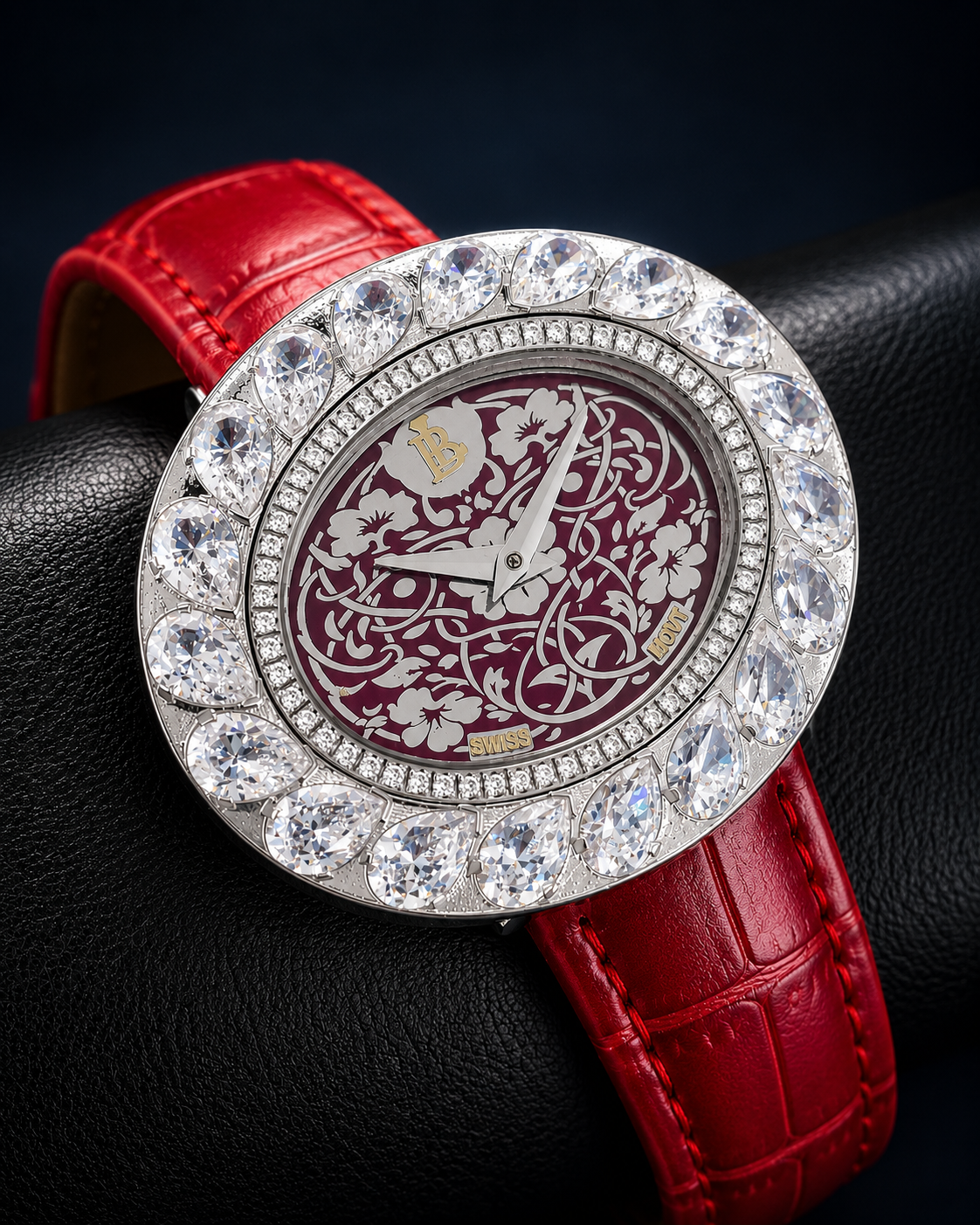 Women's luxury lab grown diamond watch featuring a red floral dial, sparkling pear and round brilliant diamonds, 925 sterling silver, sapphire crystal, Swiss quartz movement, elegant iced out designer watch, perfect gift for women.