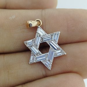 Star of David Diamond Pendant in 14K Rose Gold with 1.19 Ct Lab Grown Baguette Diamonds