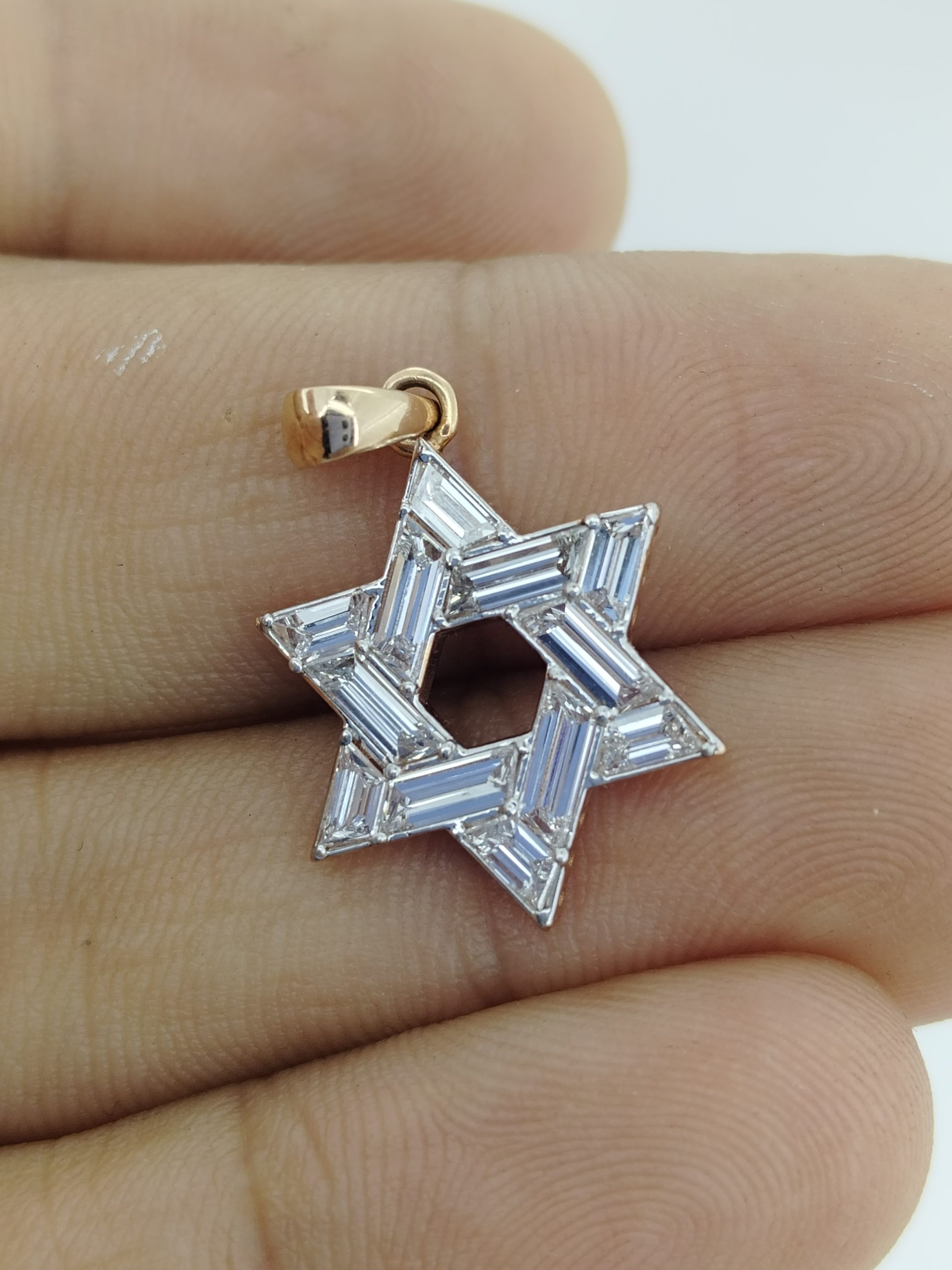 Star of David Diamond Pendant in 14K Rose Gold with 1.19 Ct Lab Grown Baguette Diamonds