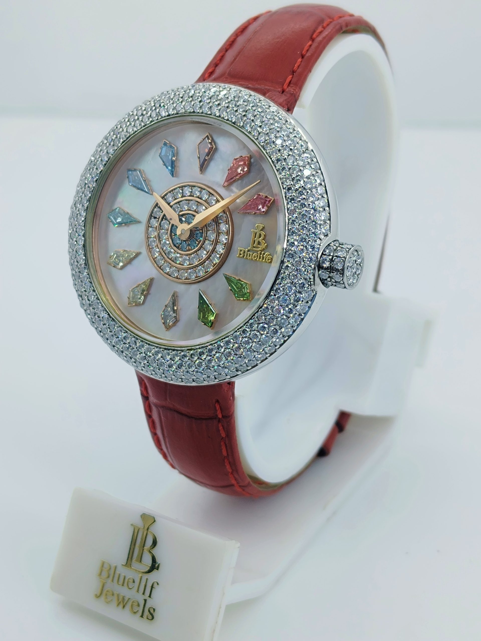 Luxury Iced Out Diamond Watch for Women – Lab Grown Diamonds, Mother of Pearl Dial, Sapphire Crystal | Bluelife Jewels