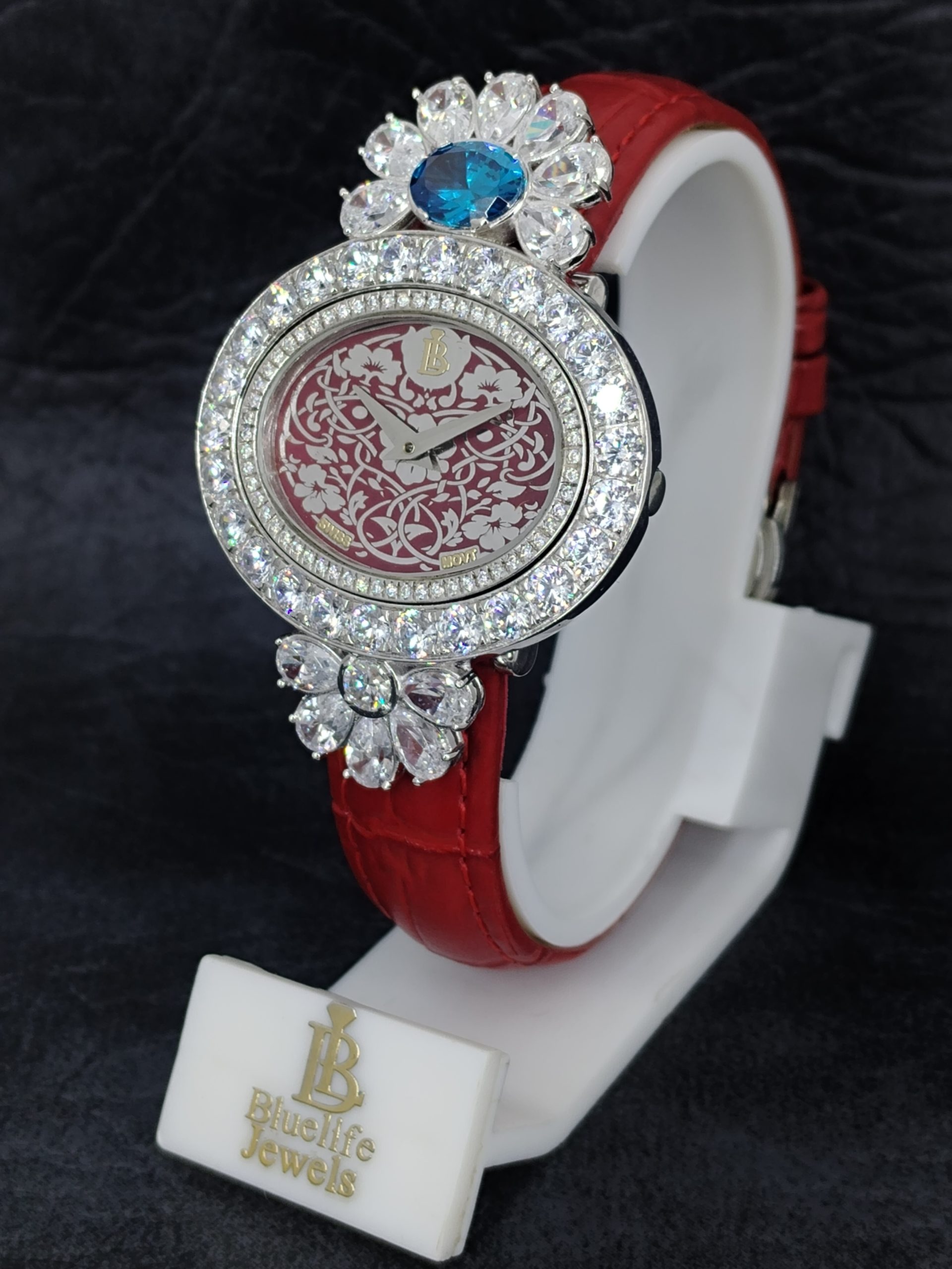 Luxury Moissanite Watch for Women – Blue Floral Dial Iced Out Sapphire Glass Gift - Image 4