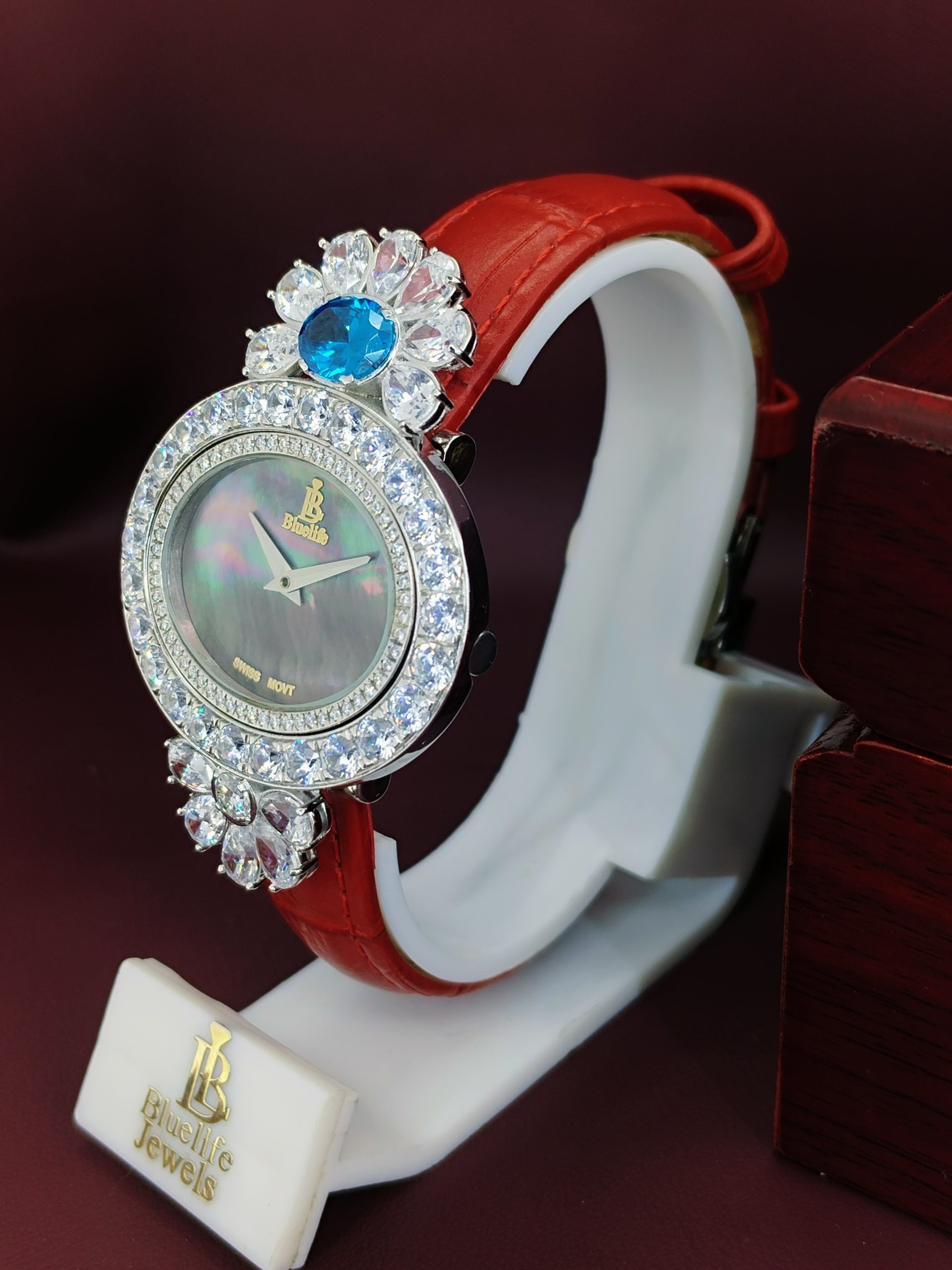 Diamond Watch for Women Blue Stone Floral Luxury Moissanite Watch Gift for Her - Image 4